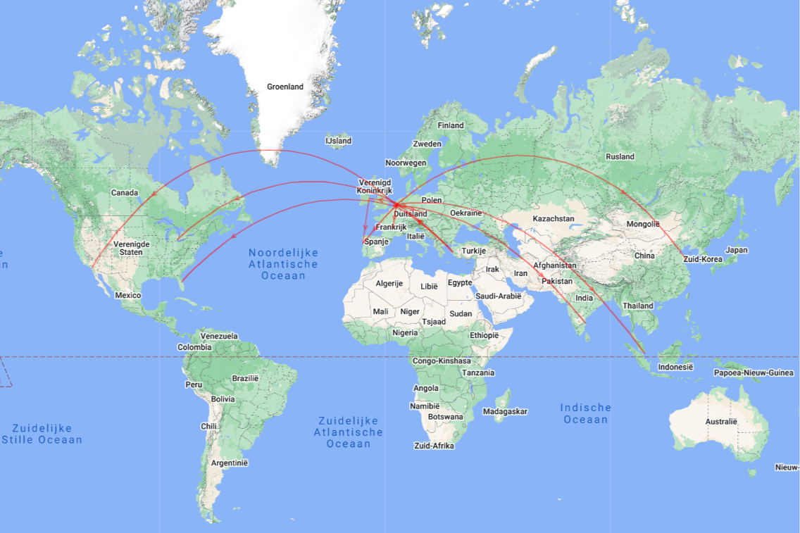 World map showing locations connected to past Moving Industries projects in Europe, North America and Asia.
