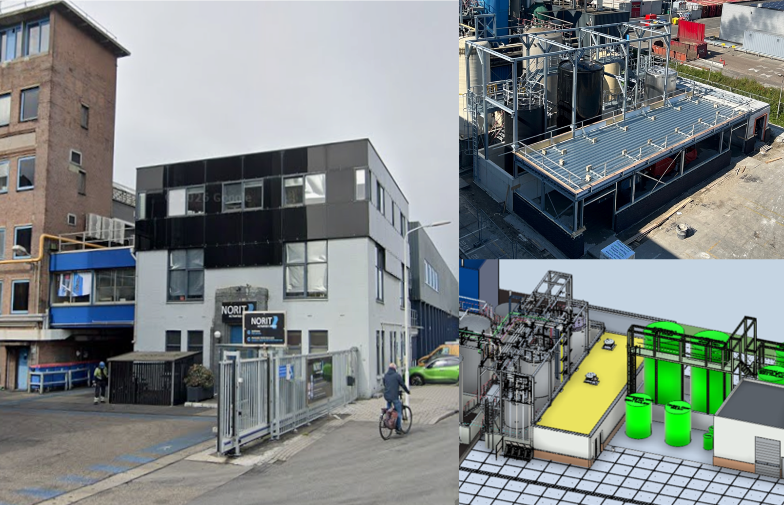 Collage of Norit's Zaandam factory, the new tank farm and pump room under construction, and a 3D project visualisation.
